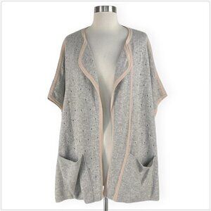 Allude Cashmere Gray Beige Trim Cardigan Ruanna Poncho Sweater Pointelle Knit S